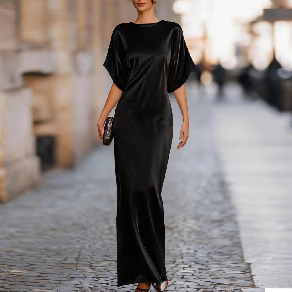 Women's Fashion Round Neck Short Sleeve Long Dress Satin Fabric Elegant Evening Gown Casual Loose Fit Full Length Maxi Dress