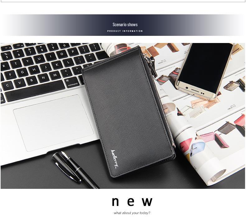 Baellerry Men's Long Wallet: European & American Style, Cross Pattern, Multi-Card Holder, Zipper Design.