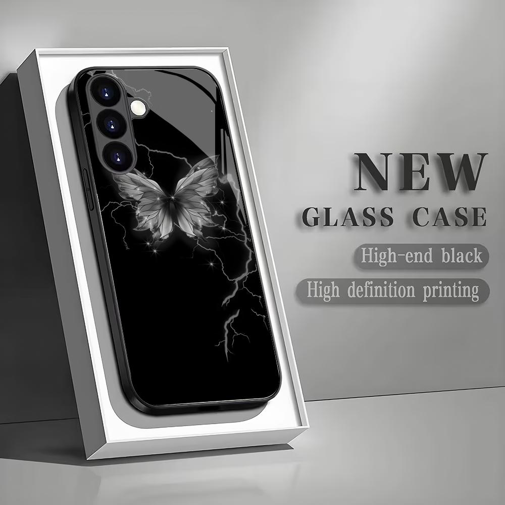 Black Butterfly Pattern Tempered Glass Phone Case Suitable for Samsung GalaxyS26 S25 S24 S23 S22 S21 S20FE/Ultra/Plus5Ganti Drop