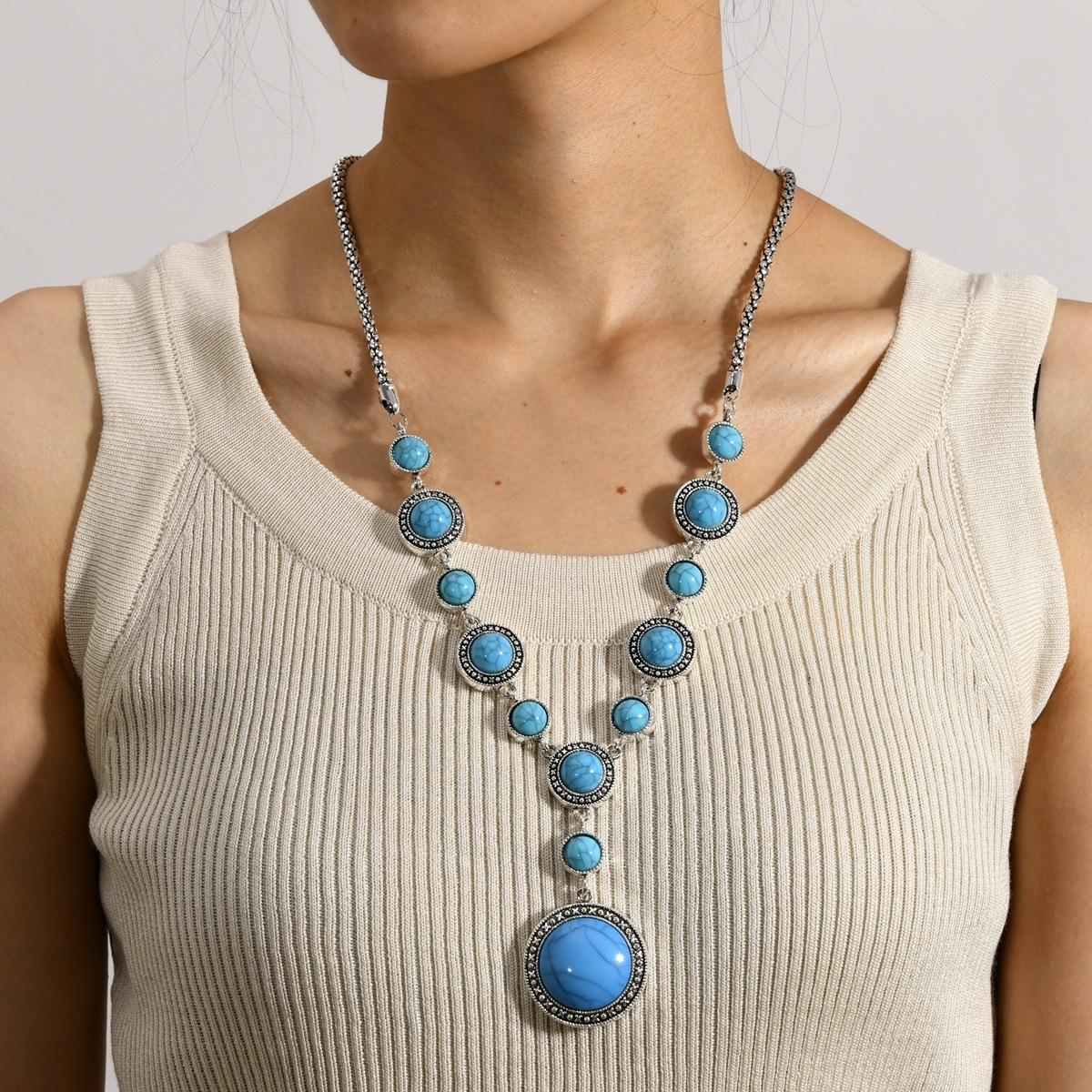 

Бохо Вестерн Этнический Винтажный Античное Серебро Сплав Геометрический Имитация Бирюзы Ожерелье Аксессуары для Вечеринки для Женщин -2Blue