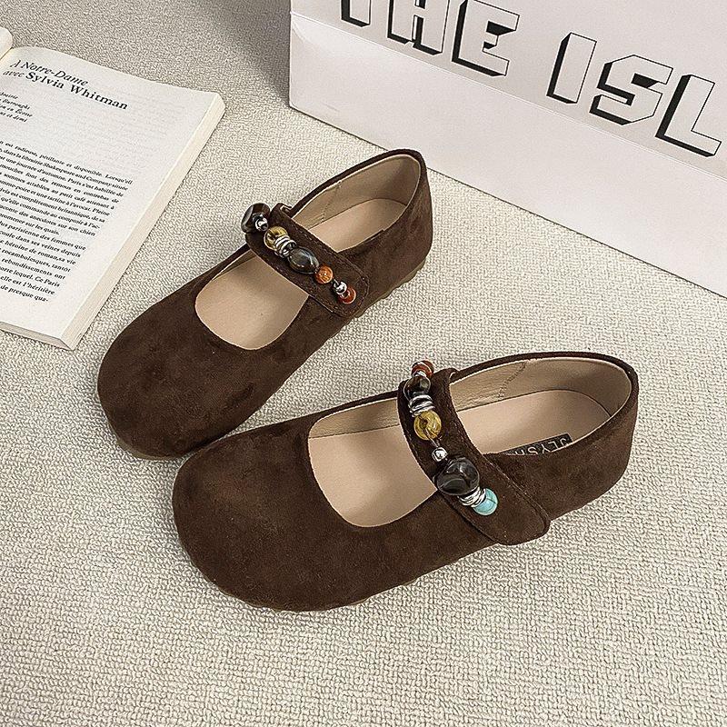 New Flat Birkenstocks Mary Jane Retro Skirt Women'S Velcro Single Shoes Autumn Beads