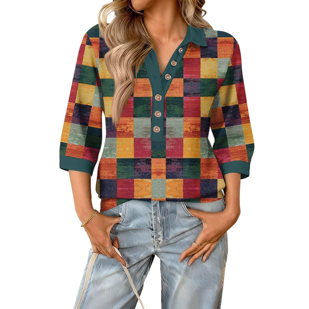 Blusa feminina moda verão casual gola V retalhos manga três quartos estampa xadrez