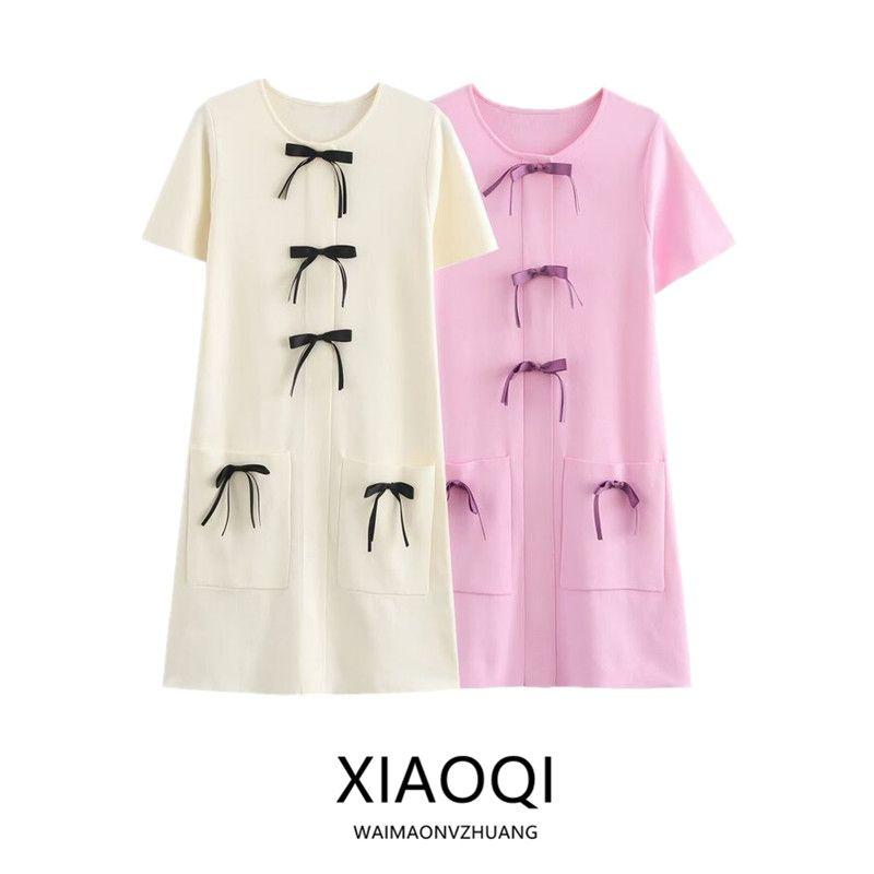 Fashion Style 2024 Fall and Winter New Women's Clothing Bowknot Decoration Knitting Round Neck Short Sleeve Dress 2142210
