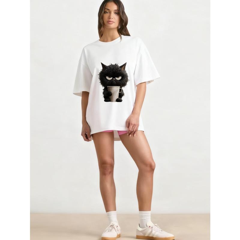 Oversized T Shirt Black Angry Black Cat Holding Coffee Cup Print Casual Everyday Wear