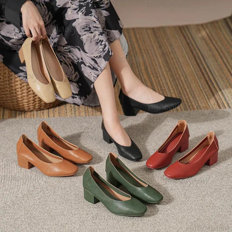 Leather Women's Work Shoes Pumps Thick Heels Round Head Shoes Soft Sole Comfortable Non-slip Loafers Summer Chaussures Femme