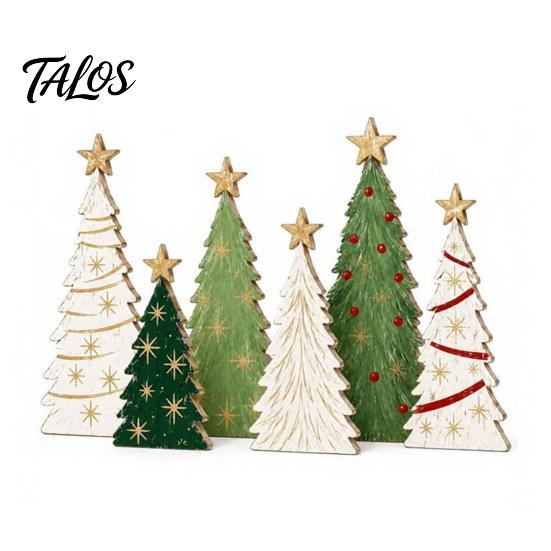 Eco Friendly Painted Wood Trees 6Pcs Wooden Christmas Tree Tabletop Decor Set, Rustic Star Topped Retro Seasonal Mantel Decorations Mini Figurines,