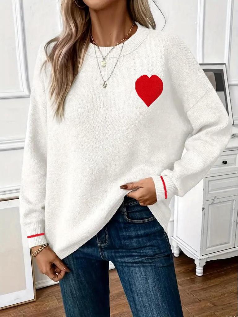 2025 Autumn-Winter Plus Size European American Women's Heart Round Neck Casual Knit Sweater