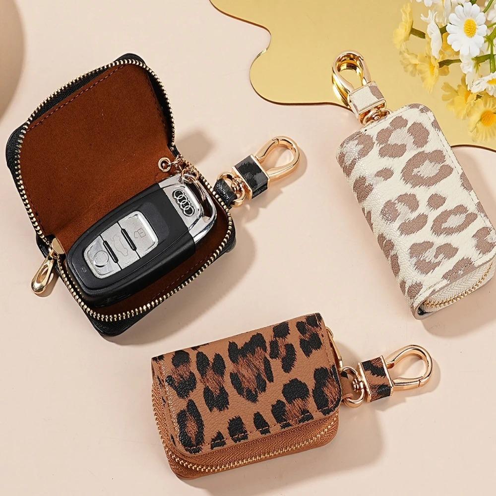 Leopard Pattern Car Key Case for Men and Women Motors Key Cover Leather Car Key Holder with Keychain Car Accessories Coffee Pink