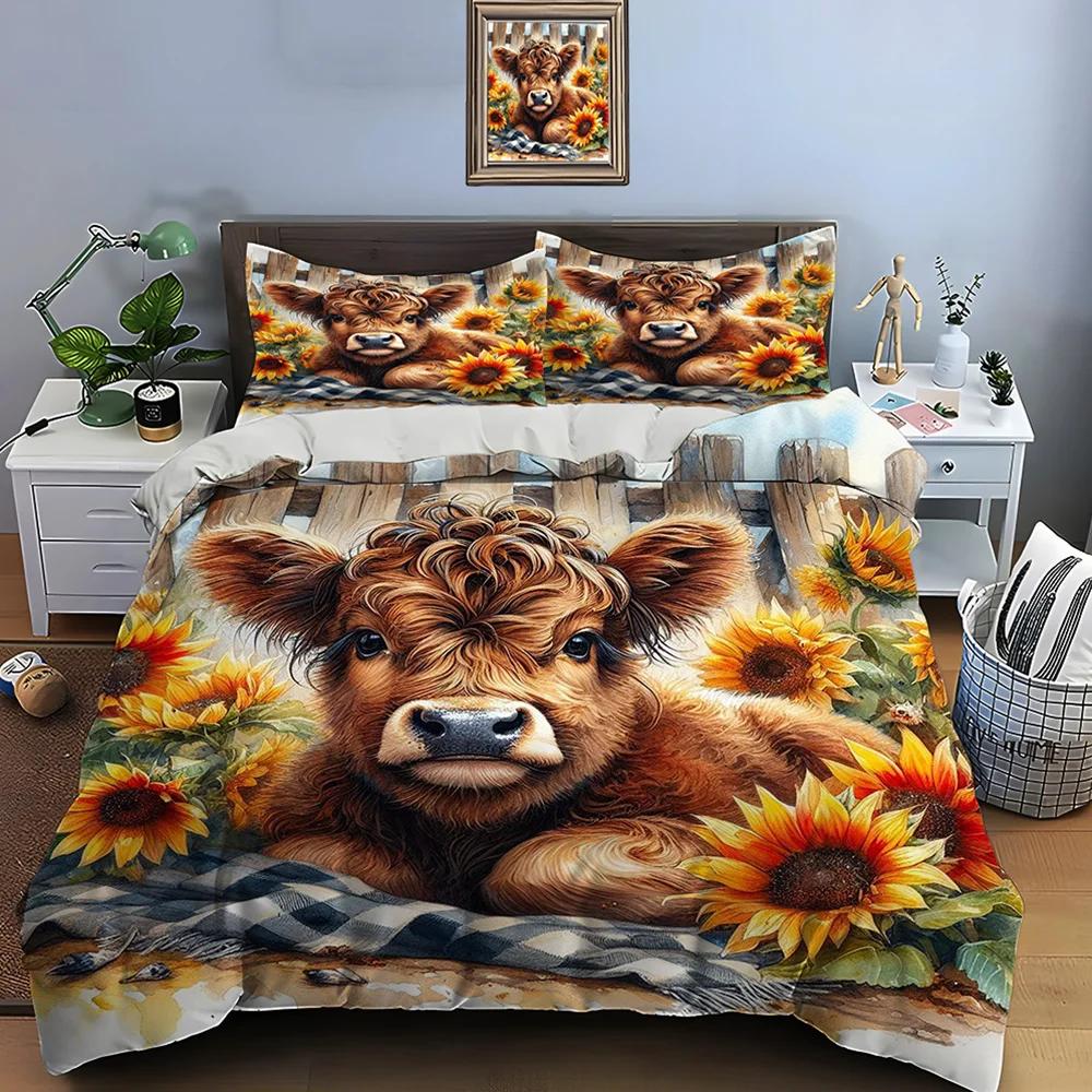 Highland Cattle Print Bedding Set Cute North American Duvet Cover 1 Duvet Cover 2 Pillowcases Adult and Kids Bedding Set Luxury