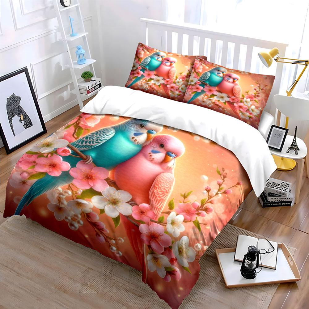 "Parrot Blossom Canvas Art Set" Bedding Set with 1 Duvet Cover 2 Pillowcases Single Double King Queen, Gift