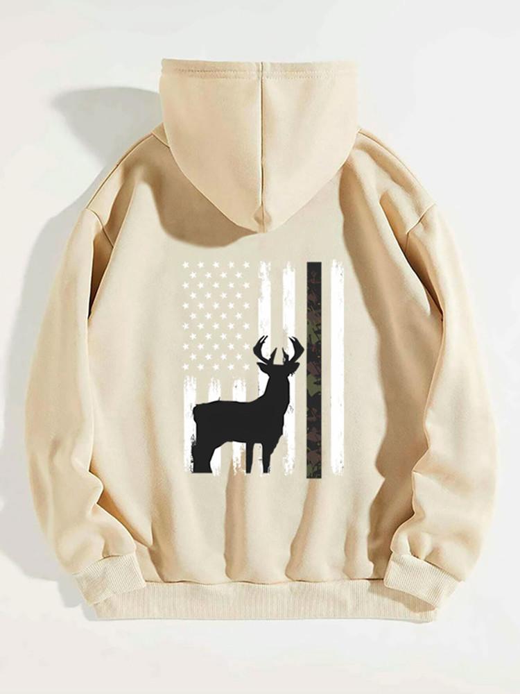 White Tailed Deer Hunting Hunter Gift Bucks Camouflage American Flag Pullover Men's Back Printed Fashionable Casual Hoodie