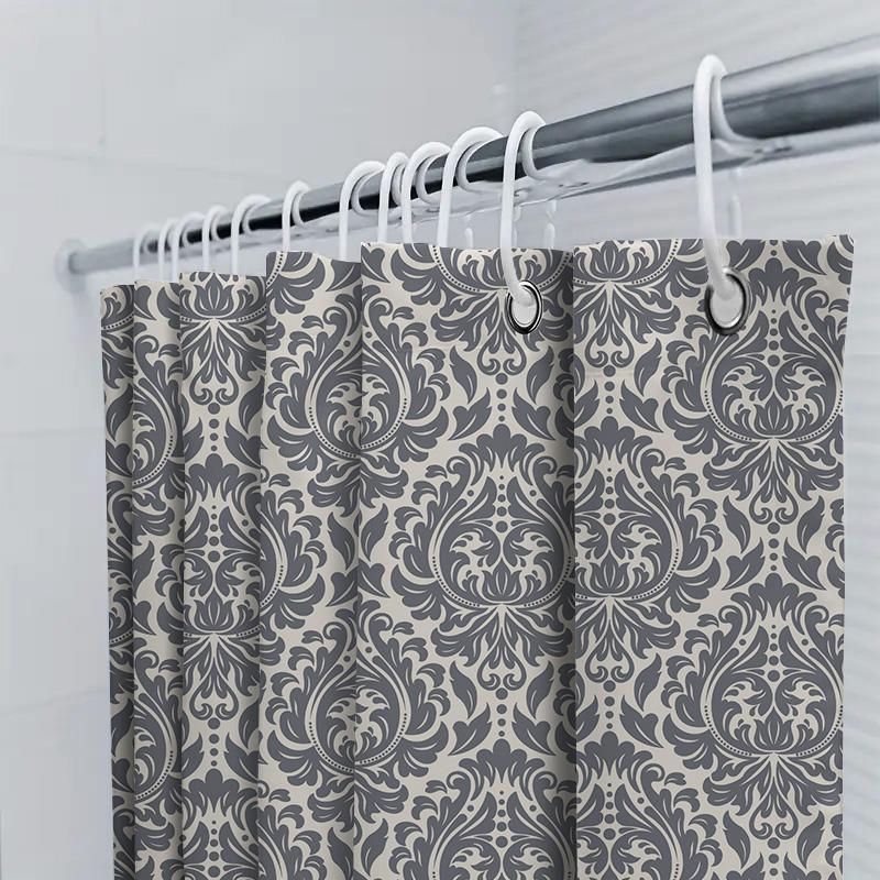 Classy Damask Shower Curtain Dark Grey White Pattern For Bathroom Decor Waterproof Fabric Shower Panels With Rings Set
