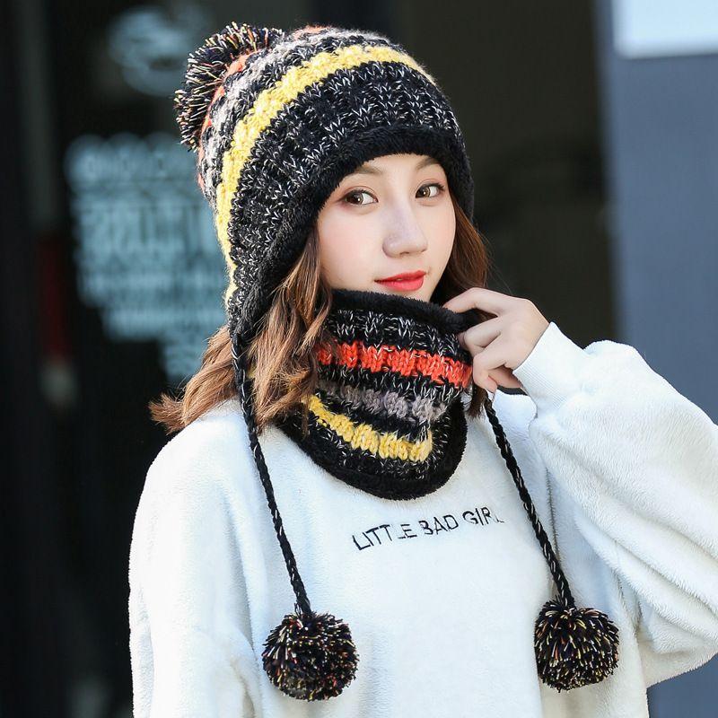 

Korean Style Earmuff Hat Women Scarf Warm Thickened Fleece-lined Knitted Hat Fur Ball Woolen Cap Three-Color Split Hat Rear Split Cap Black One size