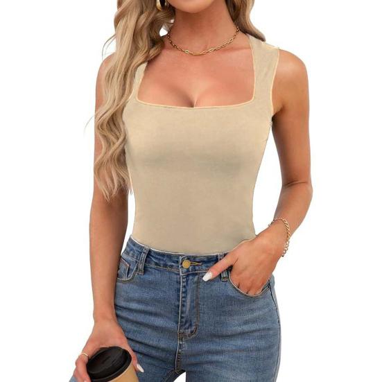 Women Summer Vest Square Collar Wide Shoulder Strap Sleeveless Tank Tops Solid Color Slim Fit Ribbed Camisole