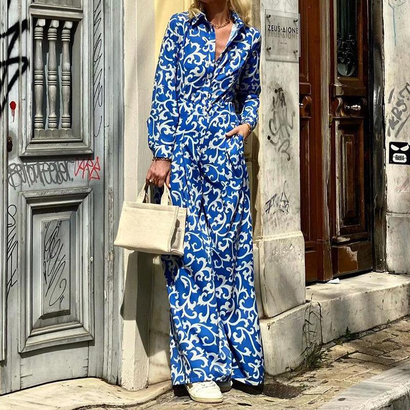 Spring and Autumn Women's Dress Temperament Fashion Printed Lapel Waist Midi Dresses