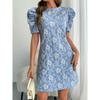 Women Summer Vintage Dresses Textured Jacquard Round Neck Bubble Sleeve New Style