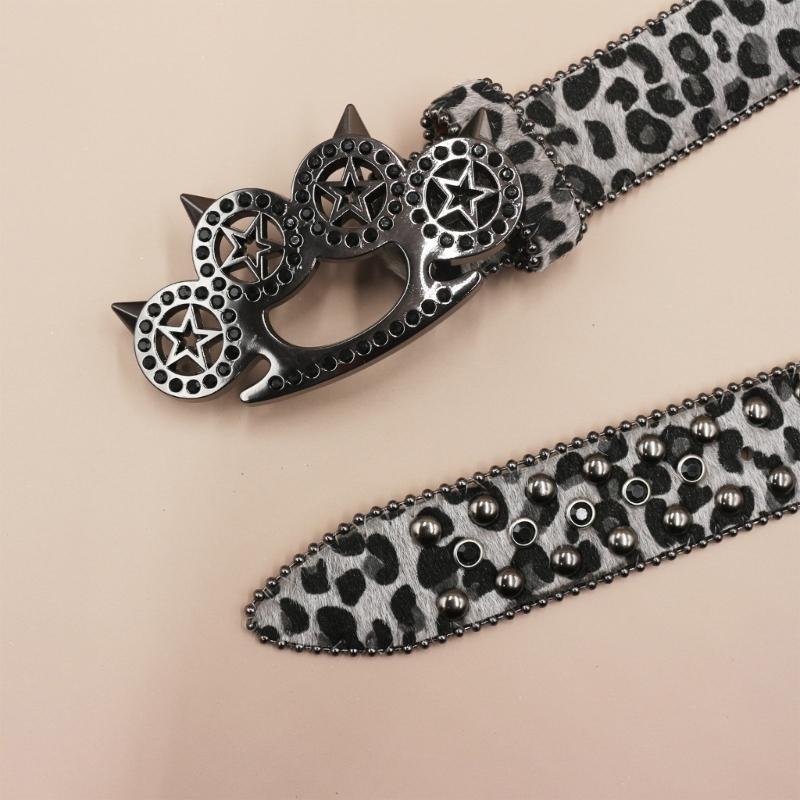 Women's Men's Oversized Belt Leopard Print Rhinestones Embellished Rivets Accent Western Girdle for Hip Hop Event