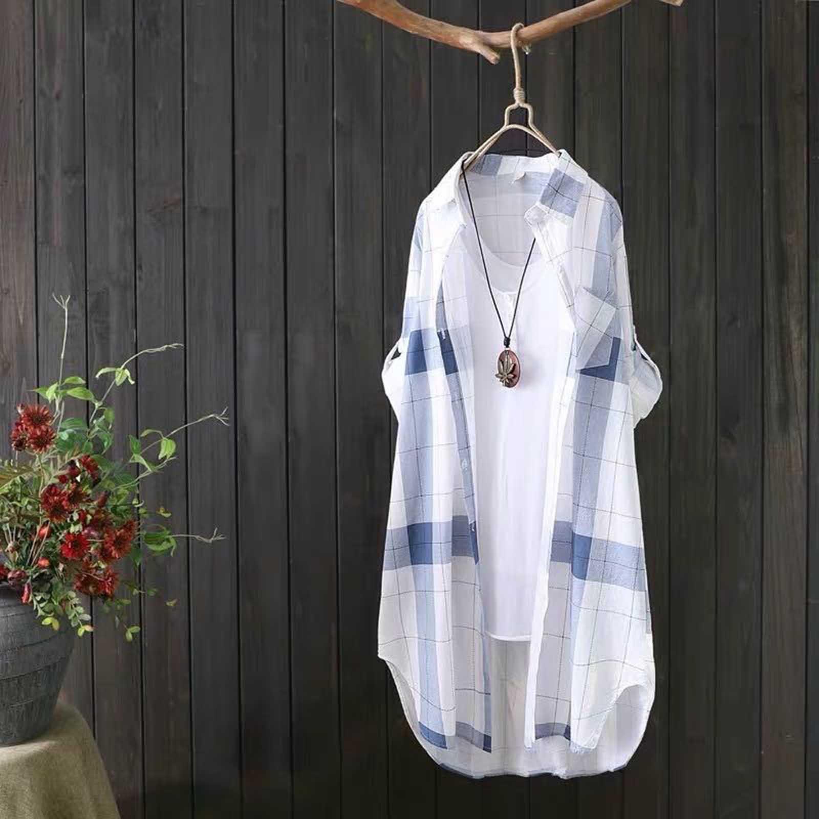 

Женская мода клетчатый свободный повседневный кардиган тонкая верхняя рубашка солнцезащитная куртка топ XL синий