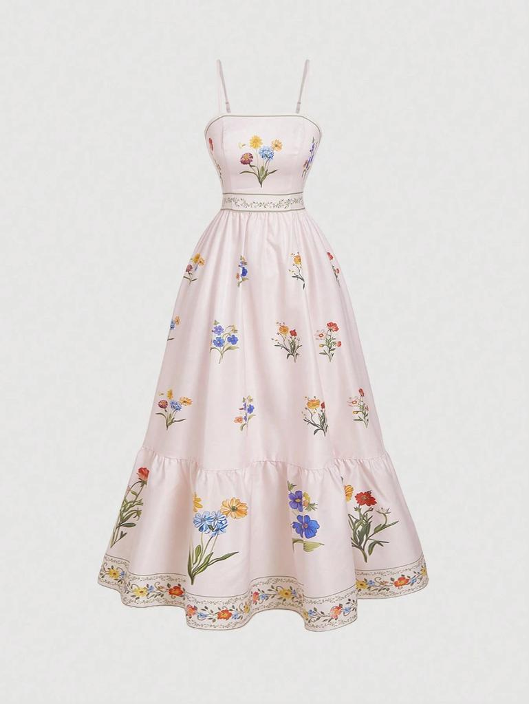 2026 spring and summer sweet romantic French fake style dress, suspender positioning printing waist backless European and American women's clothing