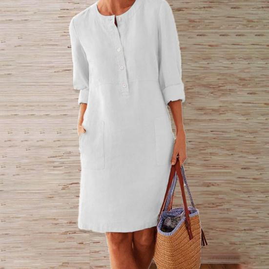 Women Dress Solid Color Pockets Summer Round Neck Long Sleeve Buttons Dress for Dating