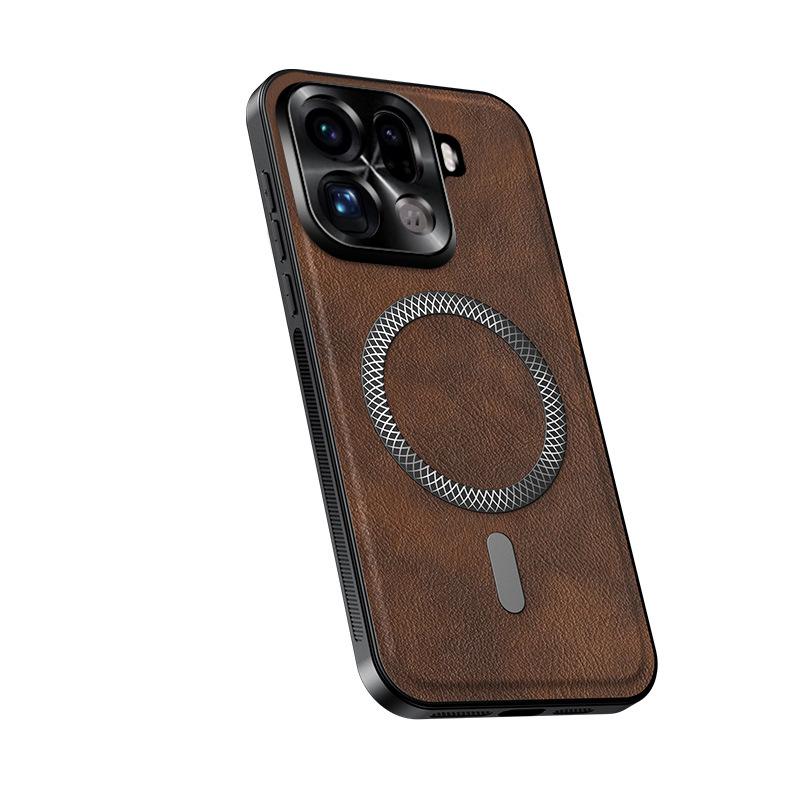 Applicable To OPPO FindX9Pro Metal Lens Magnetic Mobile Phone Case Leather Pattern FindX8Ultra Protective Case