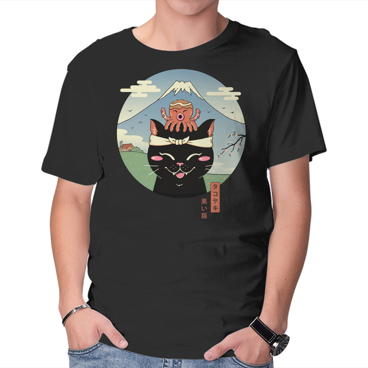 Unisex Crew Neck T-Shirt Neko Tako Graphic Short Sleeve Casual Tee XS