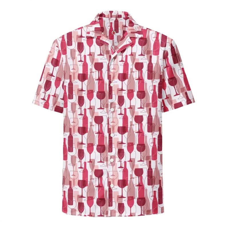 Wine Bottle Print Lapel Short Sleeve Men Shirt, Lightweight Loose Summer Casual Button Down Clothing