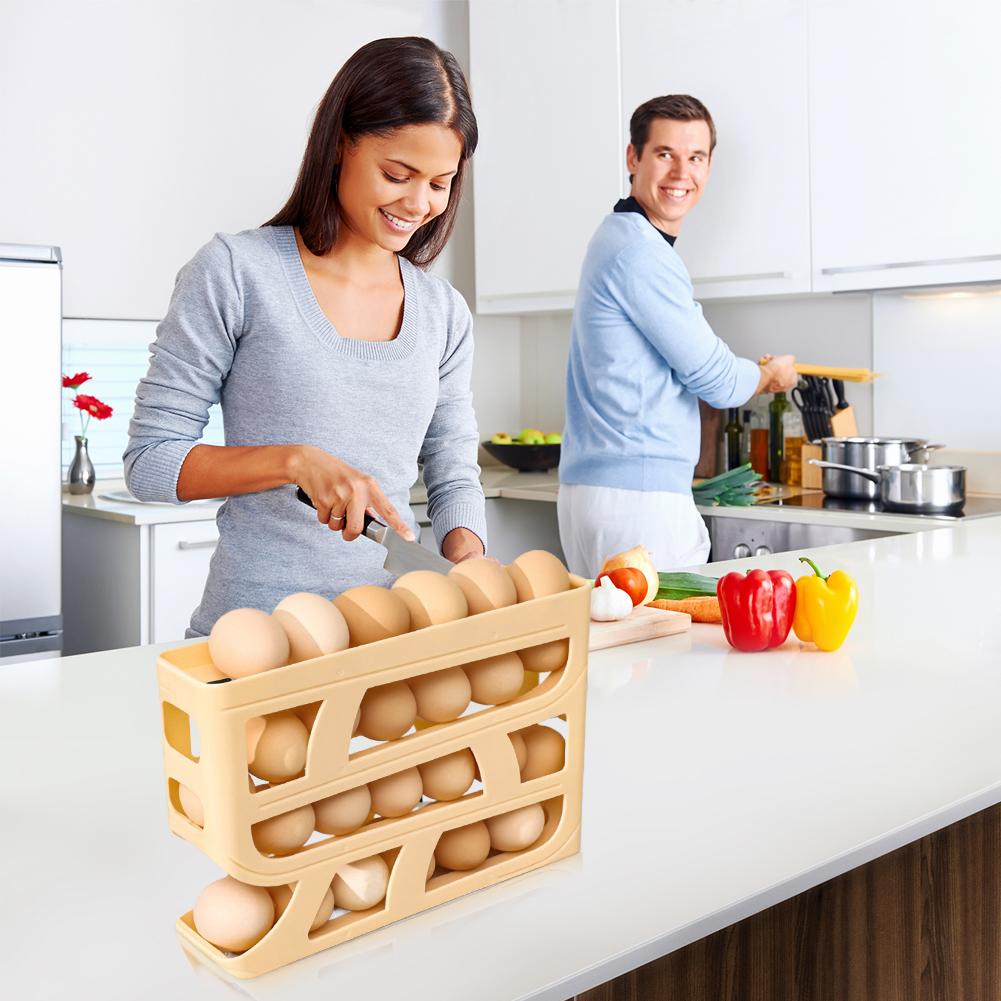 4 Layers Refrigerator Egg Storage Box Large Capacity Eggs Rolling Rack Space-Saving Rolling Eggs Dispenser for Fridge Countertop