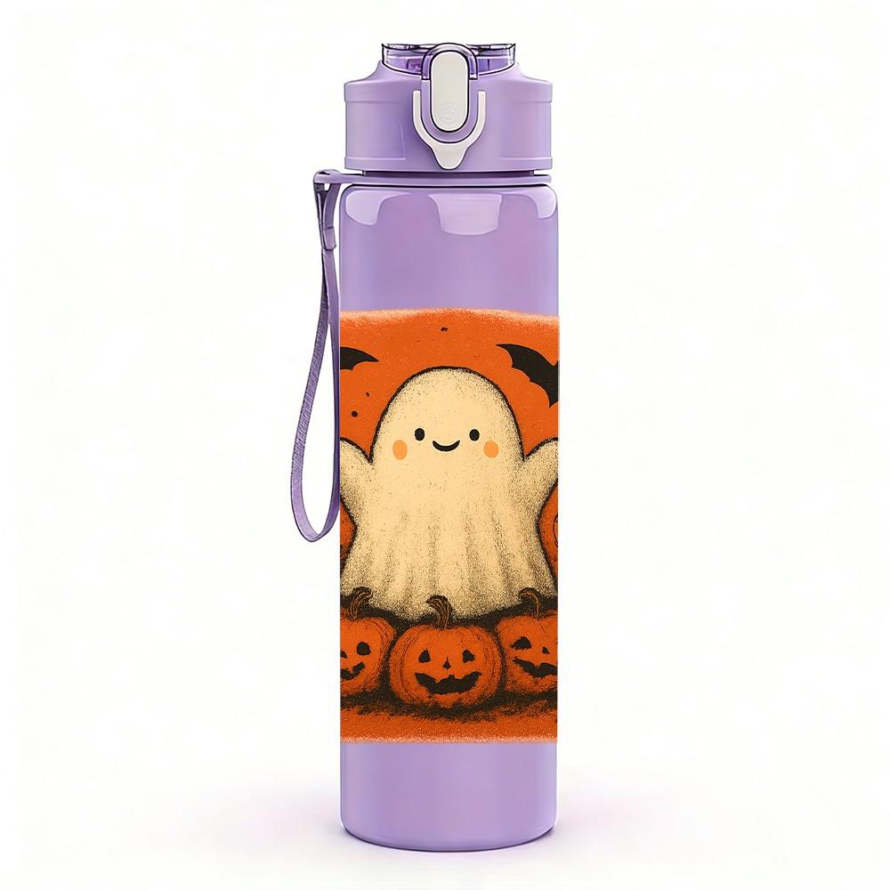 1PC Pumpkin Ghost Orange Print 750ml Color Plastic Sports Water Bottle Leakproof Flip Straw Lid Suitable for Sports Office Home Use