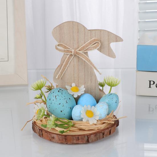 Wooden Easter Bunny Decoration Farmhouse Rustic Artificial Flower Colorful Egg Rabbit Table Sign Desktop Ornament