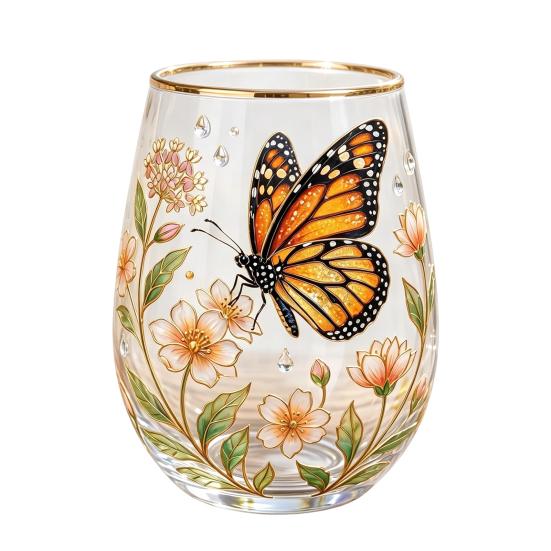 Bicchiere da cocktail Farfalla Fenicottero, Tazza Giardino Fiorito Dipinta a Mano, Bicchiere da Vino Succo con Bordo Dorato, Regalo Unico per Lei