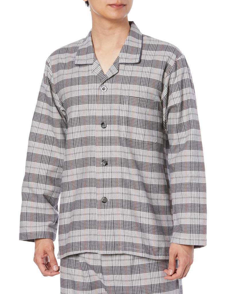 Gunze Made in Banshu Long Sleeve and Pants Dyed SF4353 Men's Pajamas, Japan, Weave, (Front Opening), 100% Cotton, Flannel, Gray,