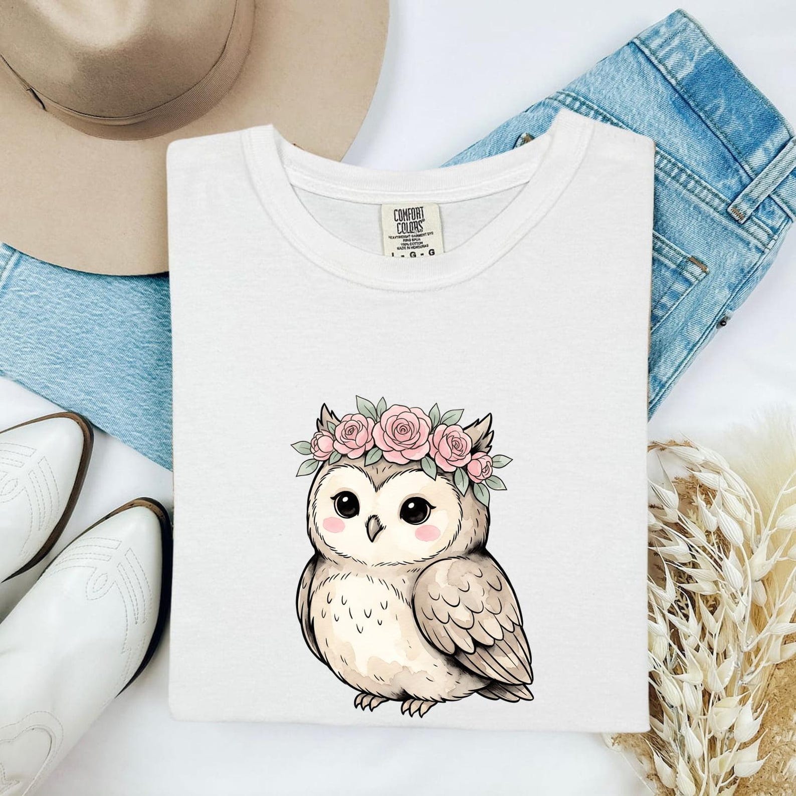 Owl Blossom Crown Shirt Animals & Flowers Greenery Gift Women Playful Tee Owl Crown T-Shirt Floral Fan Whimsical Tshirt Foliage Graphic 4XL