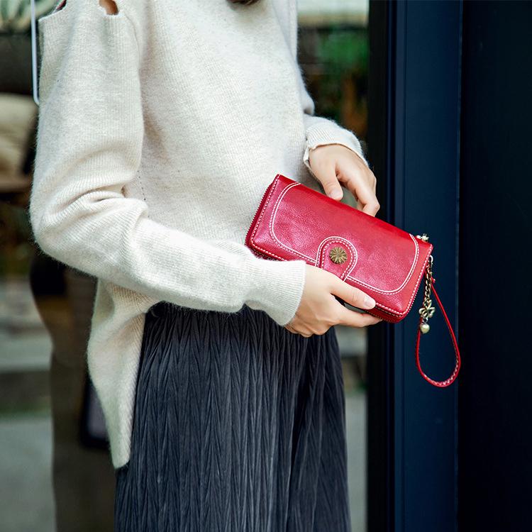 Portafoglio da Donna Pochette Vintage Pelle di Alta Qualità Portafoglio Lungo da Donna Retro Portamonete con Cerniera Cinturino Portamonete