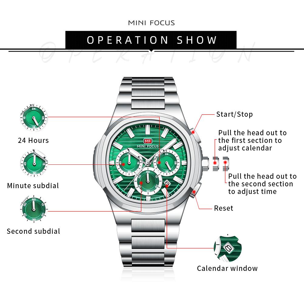MINI FOCUS Fashion Multifunctional Quartz Watch for Men Luminous Hands Calendar Stainless Steel Strap Business Mens Watches