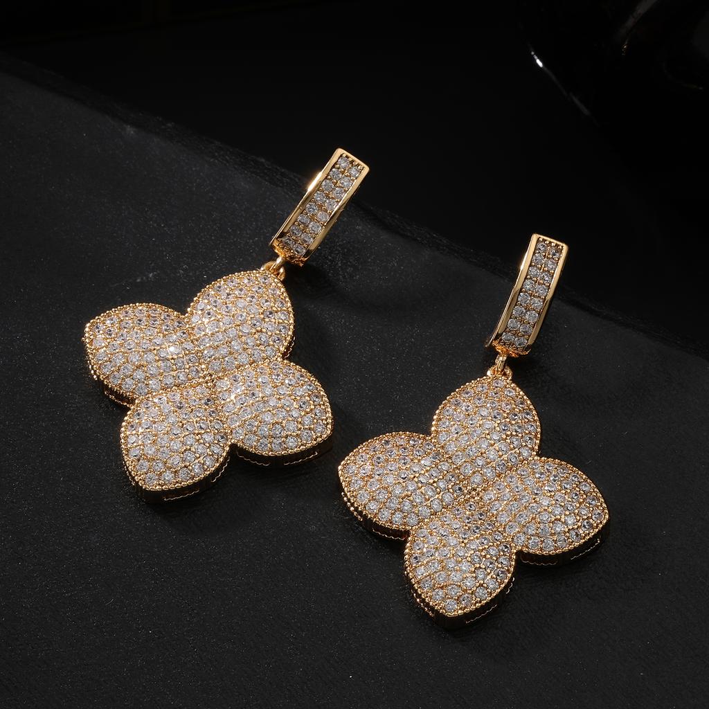 Gold Plated Iced Out Four Leaf Clover Necklace Earrings Set for Women, Luxury Full Pave CZ Quatrefoil Pendant Statement Jewelry,