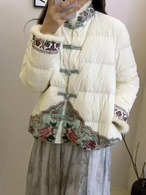 Women's 2025 Chinese Style Embroidery Down Jacket with Mink Fur Patchwork - Autumn/Winter Ethnic Warm Coat