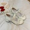 Fashion Plus Size Women's Shoes Round Toe Shallow Mouth Bow Mary Jane Small Leather Lace Fashion Square Heel Single Shoes
