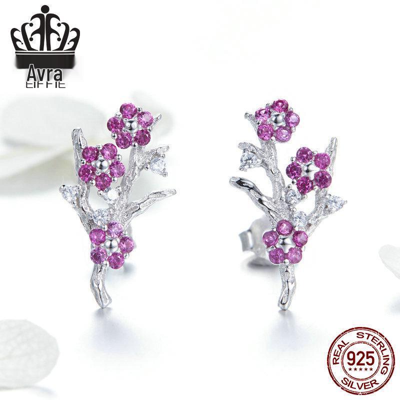 Aifuluo Pink Plum Blossom Zircon Stud Earrings - Pure Silver, White Gold Plated, S925.