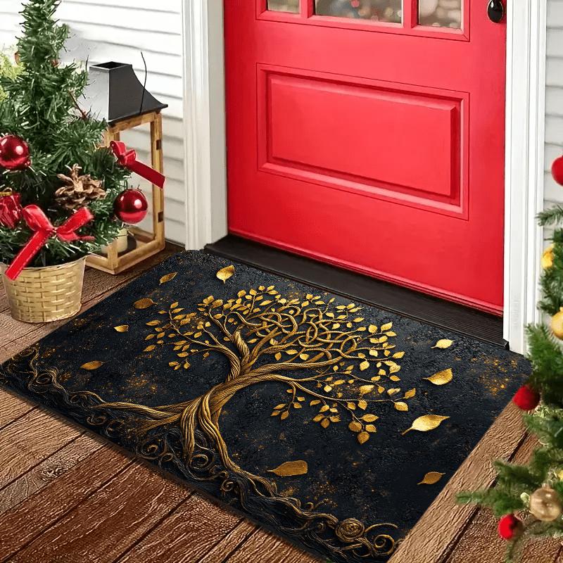 Golden Tree of Life Celtic Knots Doormat, Black Gold Polyester Mat for Christmas Home Entrance Decor, Washable