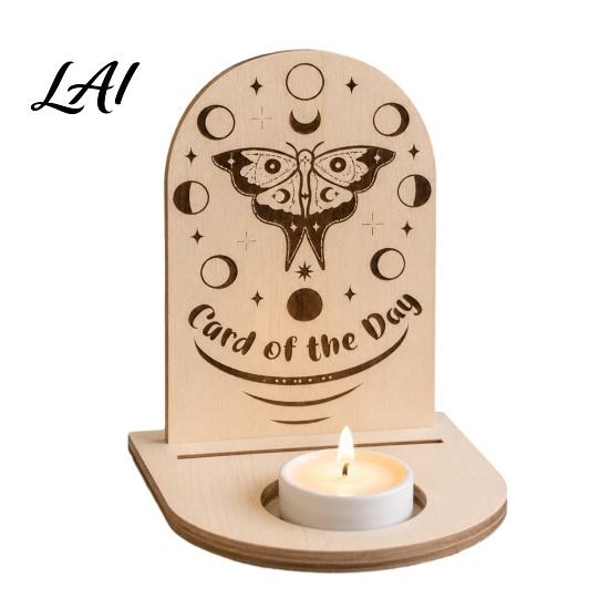 Decorative Tealight Stand Wooden Tarot Card Holder Stand of The Day Candle Holder Moon Rustic Home Decor Sun Star Pattern Altar Display for