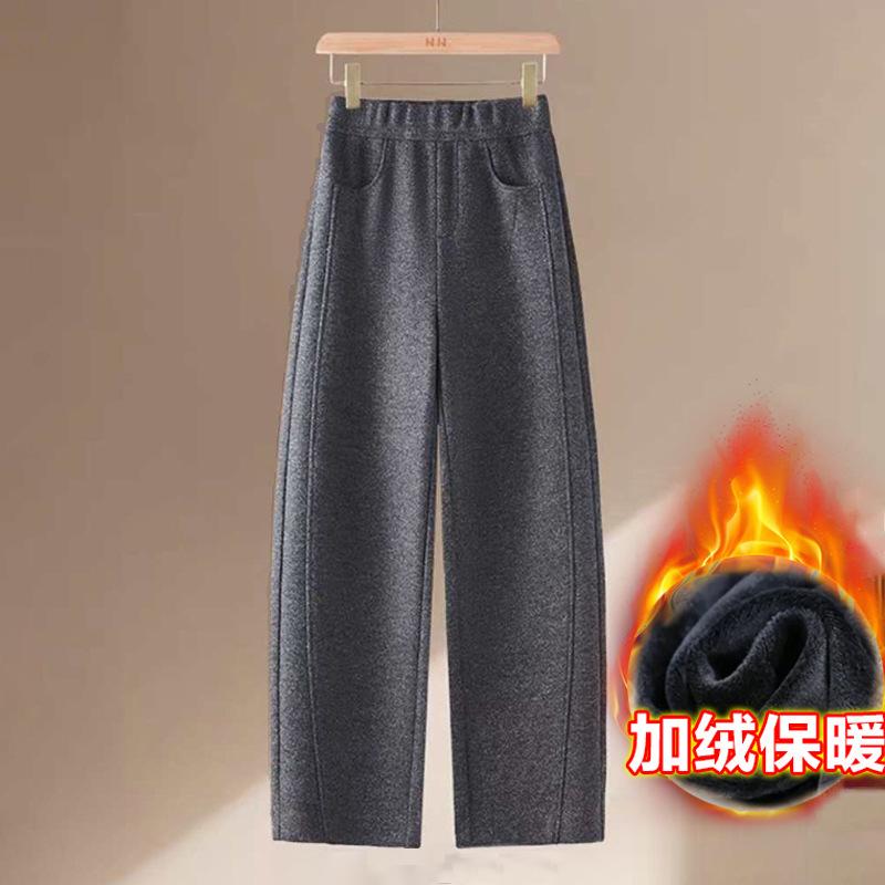 Women's Light Gray Fleece Lined Wide Leg Pants High Waist Warm Casual Trousers