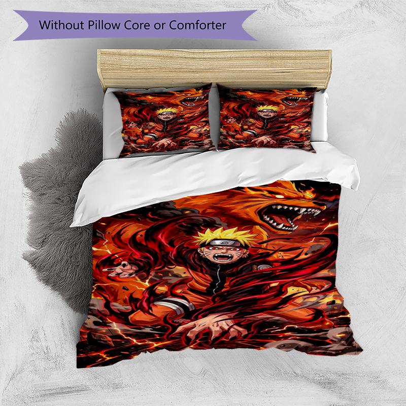 Naruto Fire Design Bed Bedding Set 1 Duvet Cover + 2 Pillowcases Soft Breathable Household Bed Linens