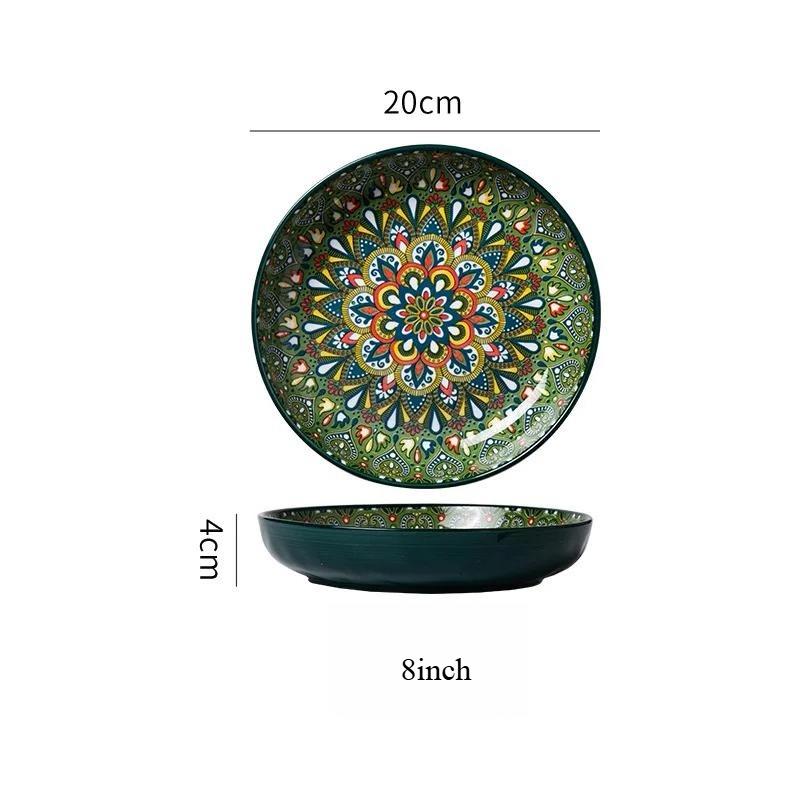 Bohemian Hand Painted Ceramic Plate 7/8 Inch, Colorful Mandala Porcelain Dinner Plate, Vintage Decorative Serving Dishes for Kitchen Dining Home Decor