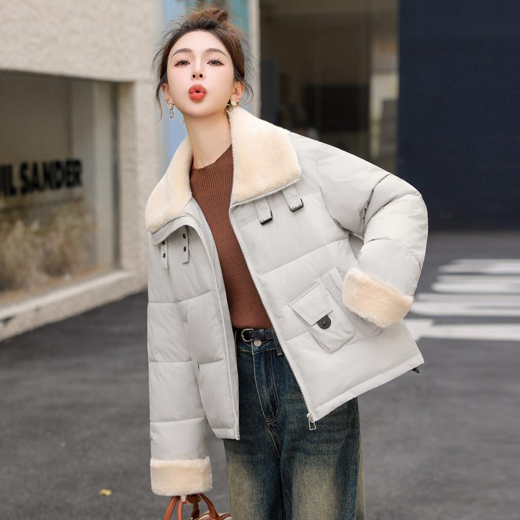 New Winter Cotton Jacket Loose Versatile Short Warm Cotton Jacket Fashionable Simple Women's Jacket Lamb Fur Collar
