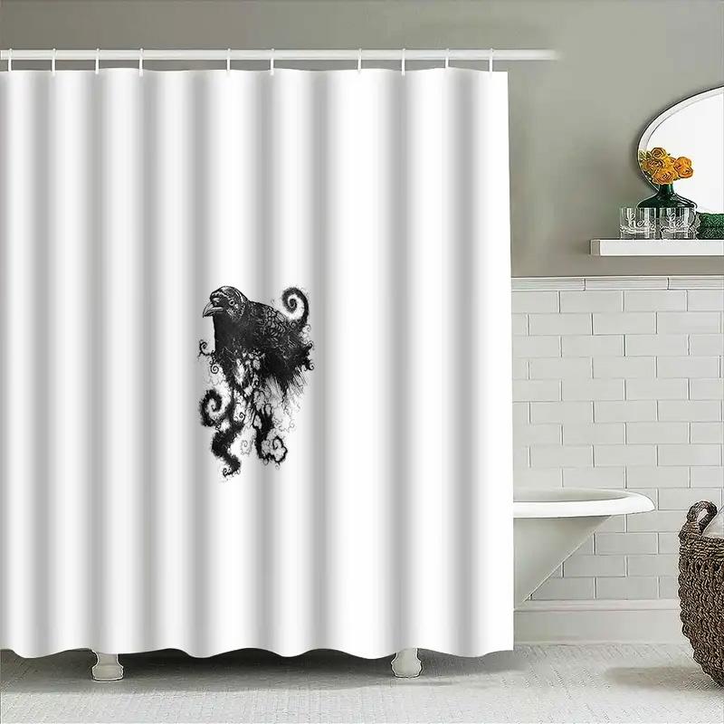 Gothic Raven Shower Curtain Dark Fantasy Birds Art Bathroom Decor Spooky Halloween Home Decor Black Feather Horror Wall Hanging