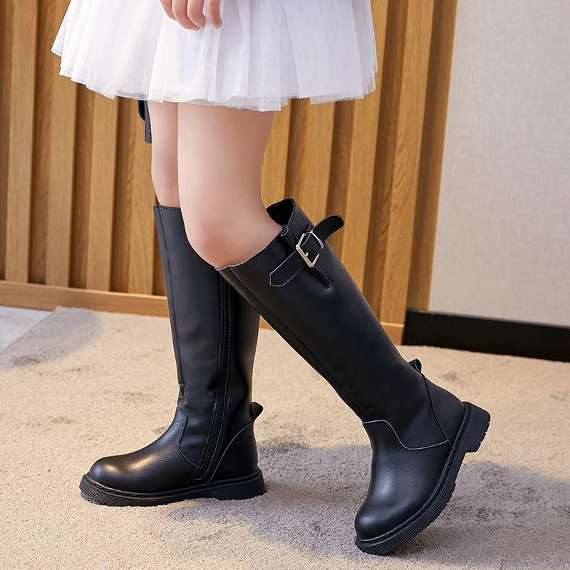 New Winter Leather Boots Girls Princess Black Short Plush Warm Children Shoes Perfortable Student Baby Kids Knight Boots 02c