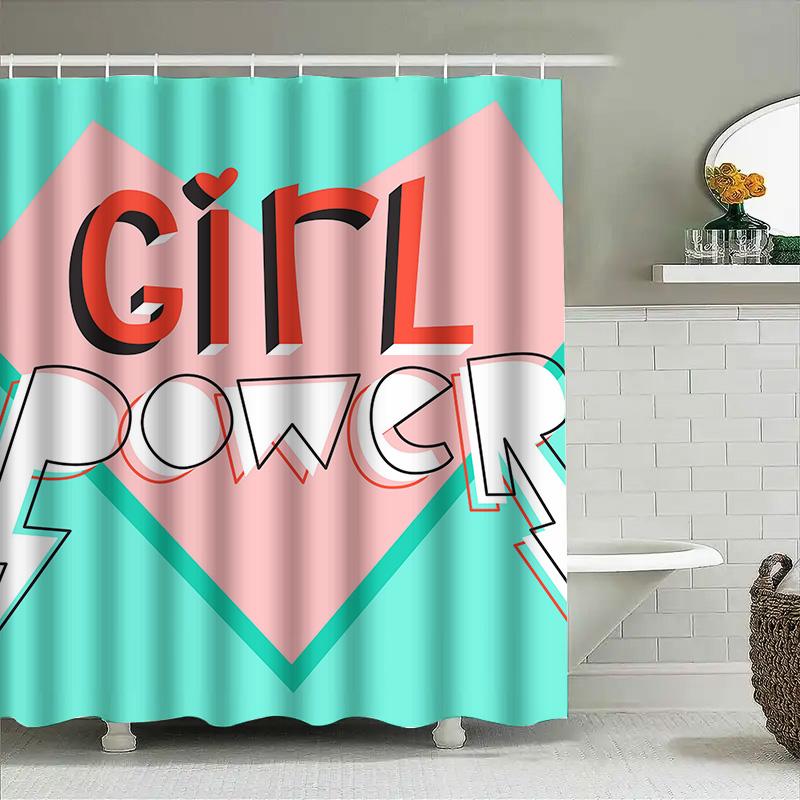 Girl Power Shower Curtain Bold Pink Blue Design For Bathroom Decor Waterproof Fabric With Hooks Set