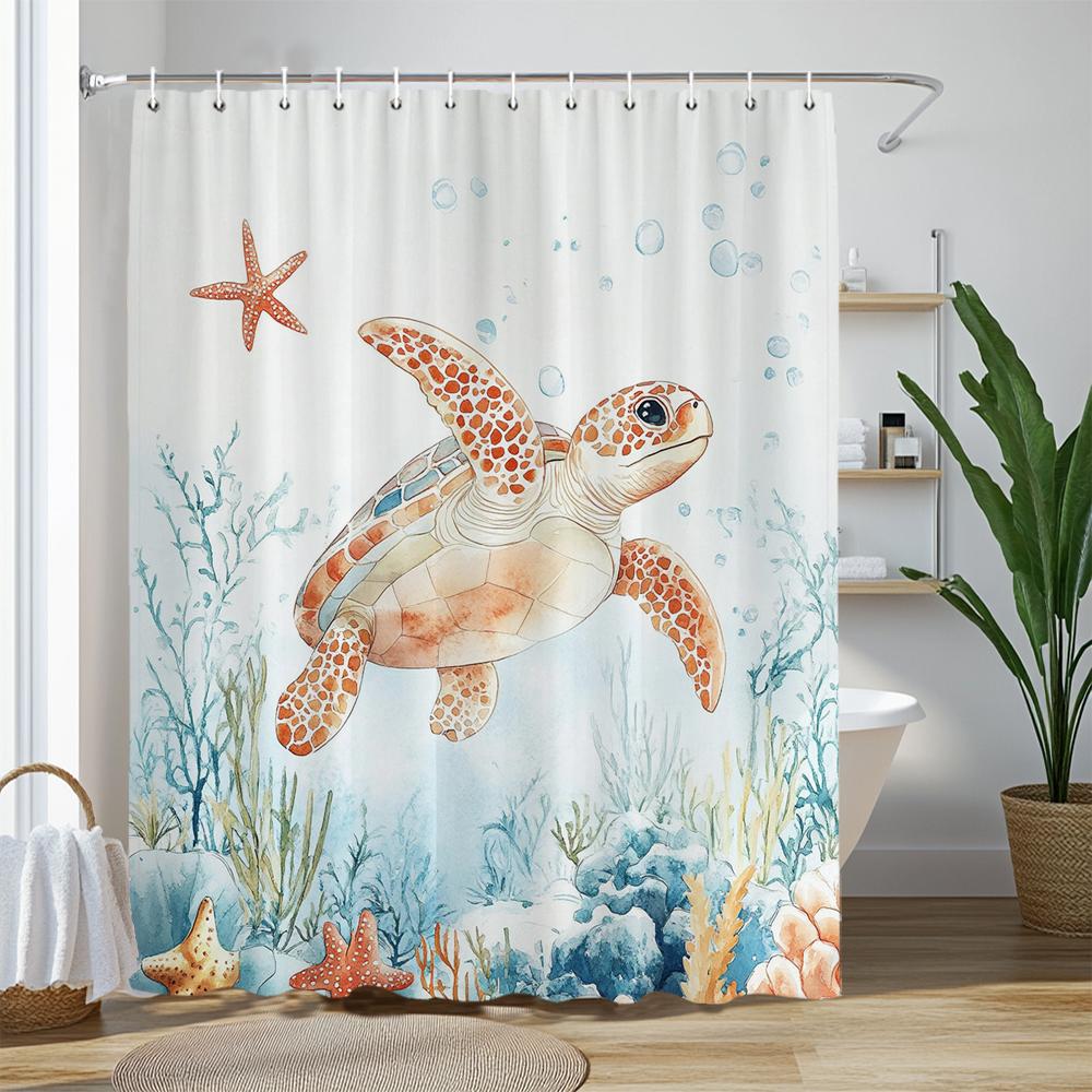 Marineland Sea Turtle Fun Shower Curtain For Beach Theme Bathroom Decorative Shower Curtain, Waterproof Shower Curtain With Hook