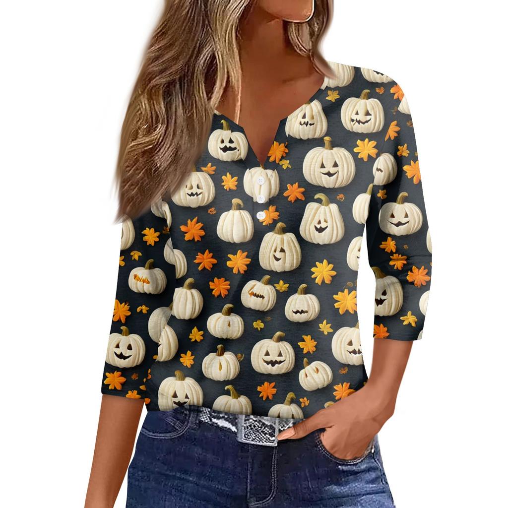Damen Casual Mode Sexy Bequem V-Ausschnitt Halloween Siebenärmeliges Oberteil